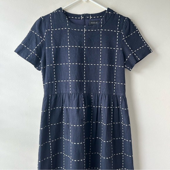 Navy and ivory windowpane grid print midi knee length dress - Picture 4 of 12
